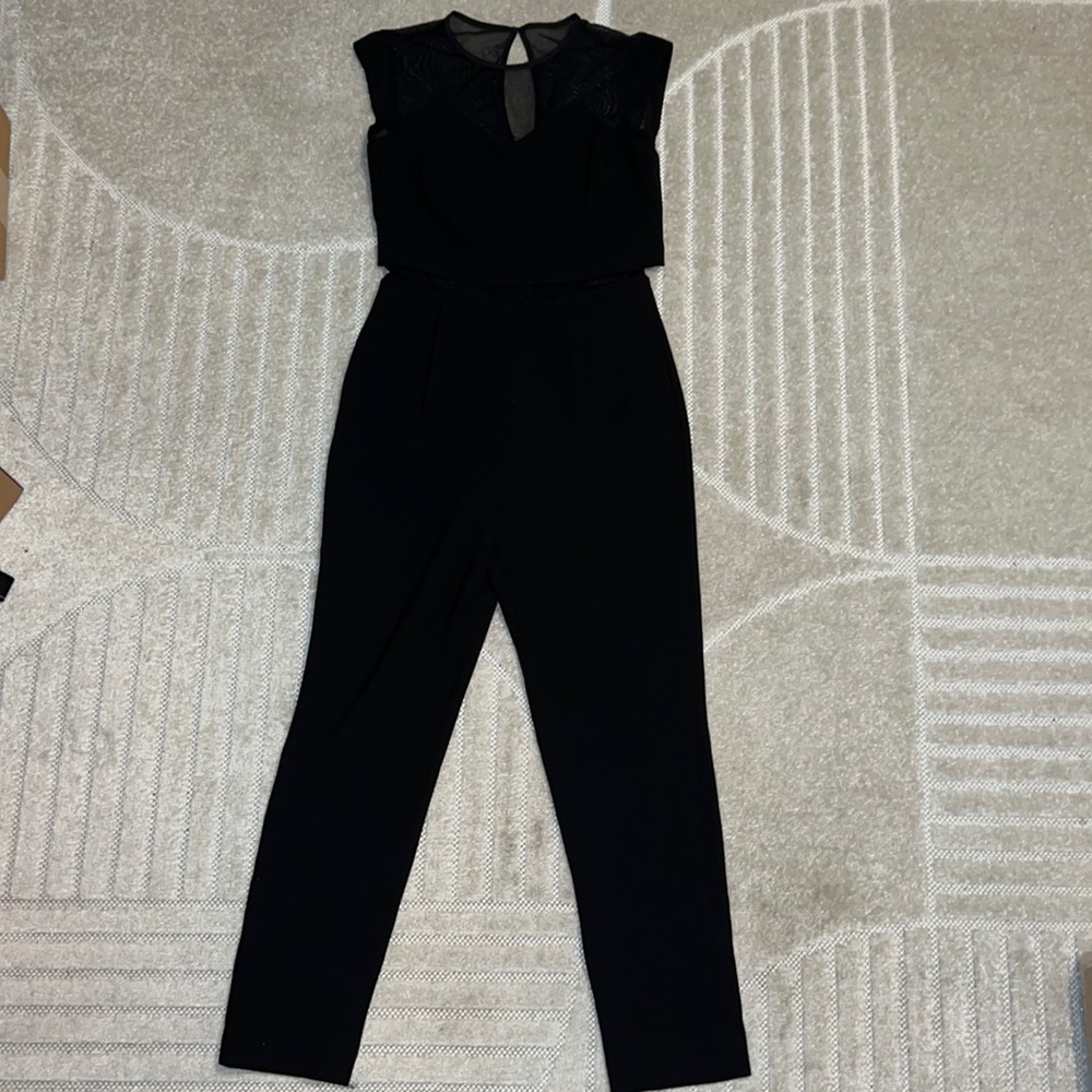 Straight leg jumpsuit with mesh and illusion neckline
